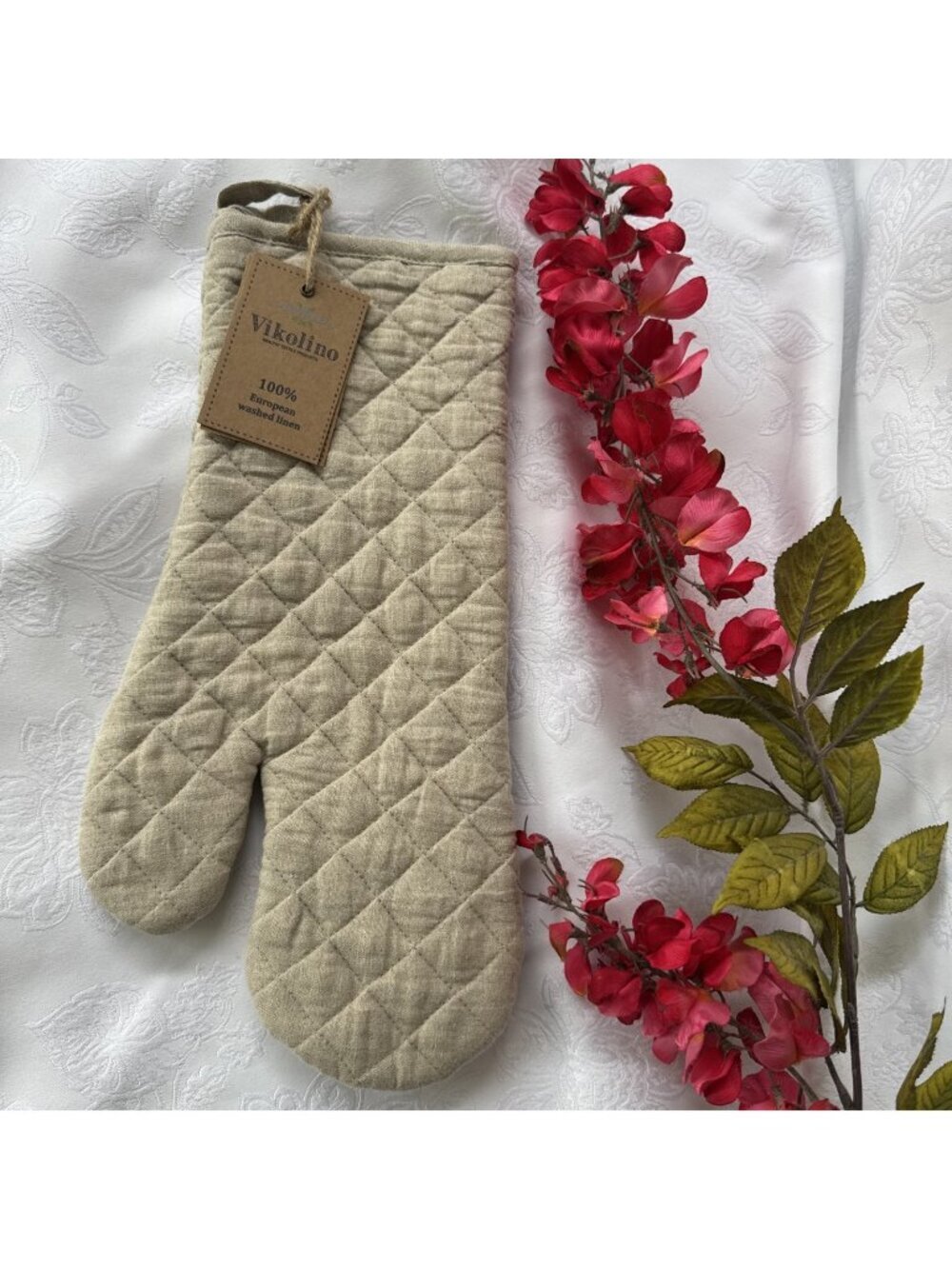 Vikolino Natural Tan Linen Quilted Oven Glove Machine Washable 12.5" x 7" NEW